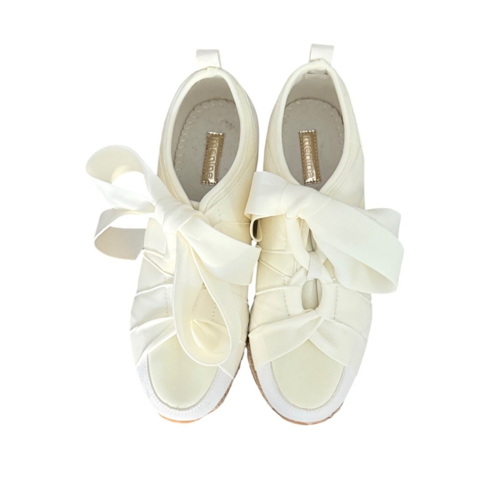 Menina Off White Satin Ribbon Bow Espadrille Platform Sneakers Womens